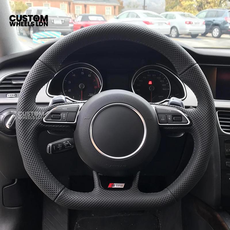 Audi Custom 8V Flat Bottom Steering Wheel – Perforated Leather, Black Stitching, Silver Paddles, RS Badge | Fits A3, S3, RS3 8V, A1, Q2, TT + more | Plug & Play | With Airbag | Upgrade for Older Models Available