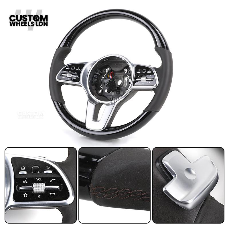 Mercedes Custom Steering Wheel – Gloss Black Top & Bottom, Satin Silver Spokes, Perforated Leather Sides | Complete Wheel with Airbag | Plug & Play | Retrofit for Older Models | Fits W204, W212, ML, GL, CLS + more