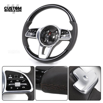 Mercedes Custom Steering Wheel – Gloss Black Top & Bottom, Satin Silver Spokes, Perforated Leather Sides | Complete Wheel with Airbag | Plug & Play | Retrofit for Older Models | Fits W204, W212, ML, GL, CLS + more