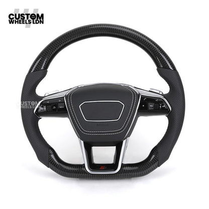 Audi Custom Q/RS Flat Bottom Steering Wheel – Carbon Top & Bottom, Perforated Leather, White Stitching, Silver Paddles | Fits Q3, Q5, SQ5, Q7, Q8, SQ8, RSQ8, A6, A7, S6, S7 + more | Plug & Play | With Airbag | Upgrade for Older Models Available