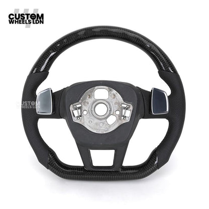 Audi Custom Q/RS Flat Bottom Steering Wheel – Carbon Top & Bottom, Perforated Leather, White Stitching, Silver Paddles | Fits Q3, Q5, SQ5, Q7, Q8, SQ8, RSQ8, A6, A7, S6, S7 + more | Plug & Play | With Airbag | Upgrade for Older Models Available