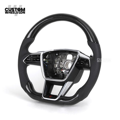 Audi Custom Q/RS Flat Bottom Steering Wheel – Carbon Top & Bottom, Perforated Leather, White Stitching, Silver Paddles | Fits Q3, Q5, SQ5, Q7, Q8, SQ8, RSQ8, A6, A7, S6, S7 + more | Plug & Play | With Airbag | Upgrade for Older Models Available