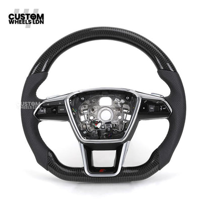 Audi Custom Q/RS Flat Bottom Steering Wheel – Carbon Top & Bottom, Perforated Leather, White Stitching, Silver Paddles | Fits Q3, Q5, SQ5, Q7, Q8, SQ8, RSQ8, A6, A7, S6, S7 + more | Plug & Play | With Airbag | Upgrade for Older Models Available