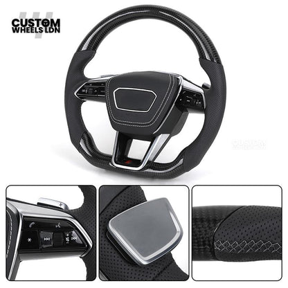 Audi Custom Q/RS Flat Bottom Steering Wheel – Carbon Top & Bottom, Perforated Leather, White Stitching, Silver Paddles | Fits Q3, Q5, SQ5, Q7, Q8, SQ8, RSQ8, A6, A7, S6, S7 + more | Plug & Play | With Airbag | Upgrade for Older Models Available