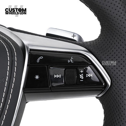Audi Custom Q/RS Flat Bottom Steering Wheel – Carbon Top & Bottom, Perforated Leather, White Stitching, Silver Paddles | Fits Q3, Q5, SQ5, Q7, Q8, SQ8, RSQ8, A6, A7, S6, S7 + more | Plug & Play | With Airbag | Upgrade for Older Models Available