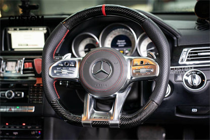 Mercedes Custom Steering Wheel | AMG Style Carbon & Leather | Red Stitching & Center Stripe | Complete Retrofit for Older Models | Fits W204 W212 W218 + more