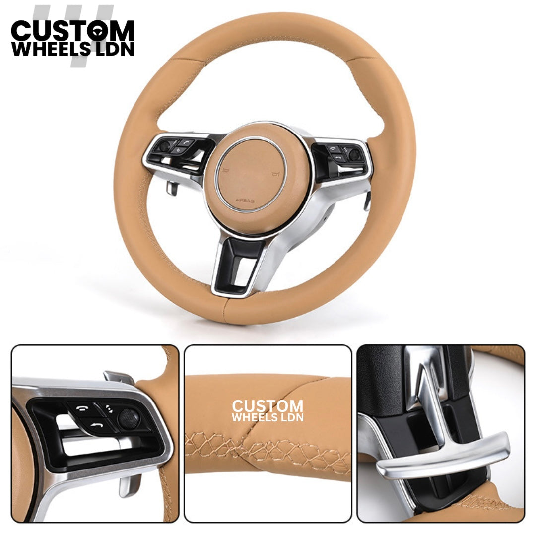Porsche Custom Beige Full Leather Steering Wheel - Fits Most Models: 911, Cayenne, Panamera, Macan, Boxter, Taycan & More