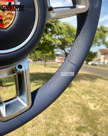 Porsche Custom Steering Wheel – Navy Leather with Chrome Trim + Long Silver Paddles (Fits 2000+ | Tiptronic / PDK)