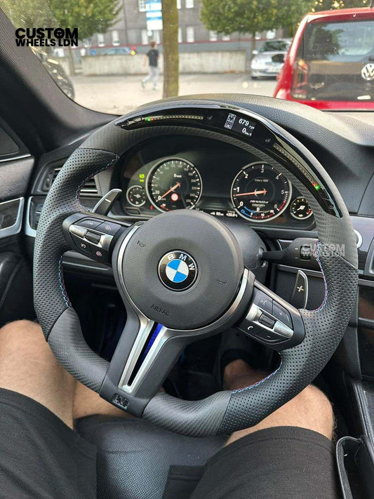 BMW Custom LED Steering Wheel – Satin Carbon Fibre & Perforated Leather with M-Stitching | Fits 3/4/5 Series, X3, X4 + more | Plug & Play | Fits older models