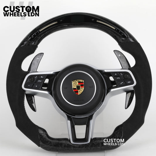 Porsche Custom LED Forged Carbon Flat Bottom Steering Wheel - Fits Most Models: 911, Cayenne, Panamera, Macan, Boxter, Taycan & More)