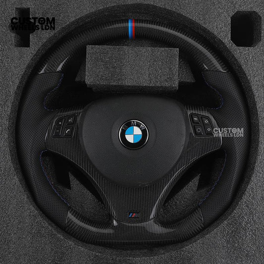 BMW Custom E-Series Carbon Fibre Steering Wheel – M-Stripe Top Marker | Perforated Leather Grip | Plug & Play | Fits older models