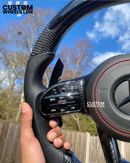 Mercedes Custom AMG Flat Bottom Steering Wheel – Black Leather & Carbon Fiber, Red Stitching, Touch Buttons, LED Display, Carbon Paddles, Red AMG | Fits C-Class, E-Class, CLS, GLC, GLE, G-Class + more | Plug & Play | Retrofit Upgrade For Older Models