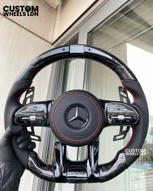 Mercedes Custom AMG Flat Bottom Steering Wheel – Forged Carbon & Black Leather, Red Stitching, LED Display, Touch Buttons, AMG Badge, Carbon Paddles | Fits C-Class, E-Class, CLS, GLC, GLE, G-Class + more | Plug & Play | Retrofit Upgrade for Older Models