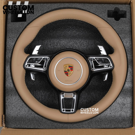 Porsche Custom Beige Full Leather Steering Wheel - Fits Most Models: 911, Cayenne, Panamera, Macan, Boxter, Taycan & More