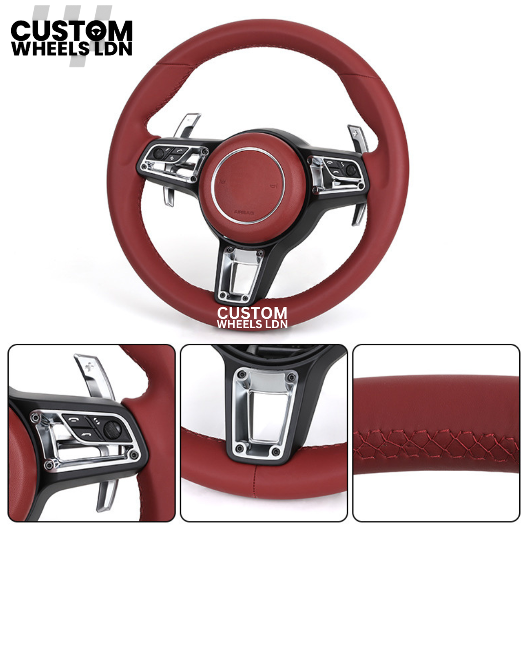 Porsche Custom PDK Steering Wheel Sport Red Full Leather Steering Wheel - Fits Most Models: 911, Cayenne, Panamera, Macan, Boxter, Taycan & More