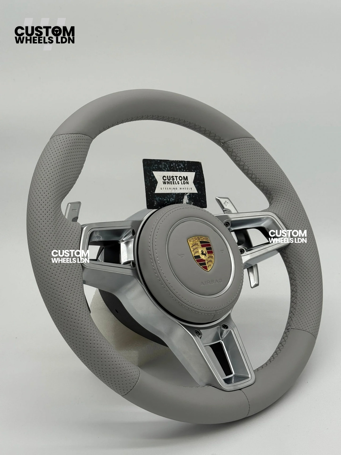 Porsche Custom OEM Round Steering Wheel – Full Grey Leather, Perforated Grips, Silver Trims, OEM Paddles | Fits 997.1, 997.2, 991.1, 981, 718 Cayman/Boxster, Panamera, Cayenne + more | Plug & Play | Upgrade for Older Models Available