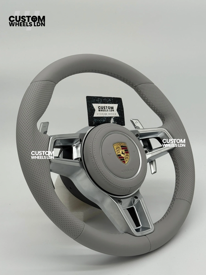 Porsche Custom OEM Round Steering Wheel – Full Grey Leather, Perforated Grips, Silver Trims, OEM Paddles | Fits 997.1, 997.2, 991.1, 981, 718 Cayman/Boxster, Panamera, Cayenne + more | Plug & Play | Upgrade for Older Models Available