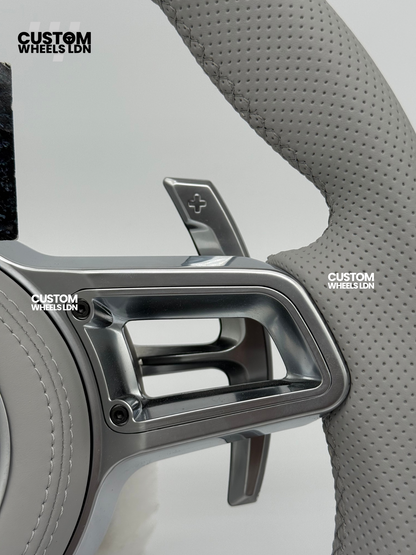 Porsche Custom OEM Round Steering Wheel – Full Grey Leather, Perforated Grips, Silver Trims, OEM Paddles | Fits 997.1, 997.2, 991.1, 981, 718 Cayman/Boxster, Panamera, Cayenne + more | Plug & Play | Upgrade for Older Models Available
