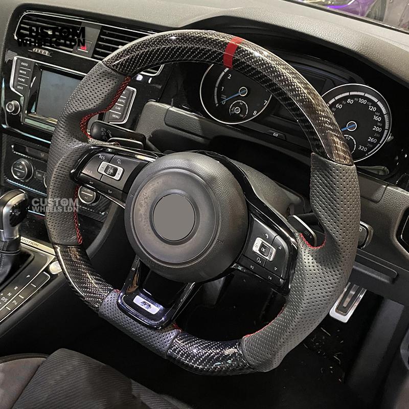 Volkswagen Custom Carbon Steering Wheel – Flat Bottom, Red Centre Stripe, Perforated Leather Grips, Urus Paddles | Fits Golf GTI, R, Scirocco + more | Plug & Play Upgrade