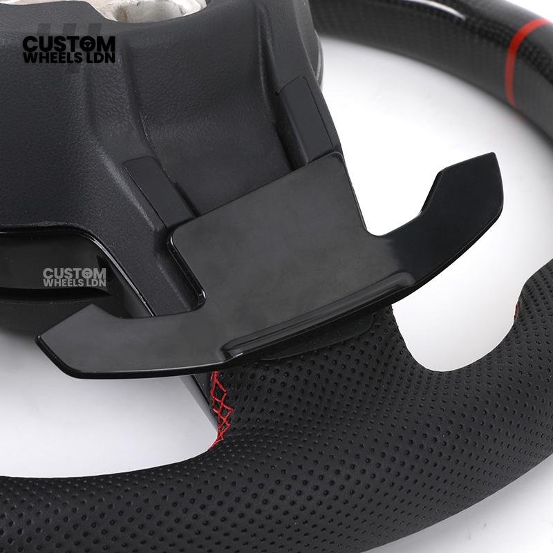 Volkswagen Custom Carbon Steering Wheel – Flat Bottom, Red Centre Stripe, Perforated Leather Grips, Urus Paddles | Fits Golf GTI, R, Scirocco + more | Plug & Play Upgrade