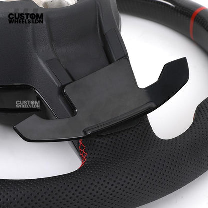 Volkswagen Custom Carbon Steering Wheel – Flat Bottom, Red Centre Stripe, Perforated Leather Grips, Urus Paddles | Fits Golf GTI, R, Scirocco + more | Plug & Play Upgrade