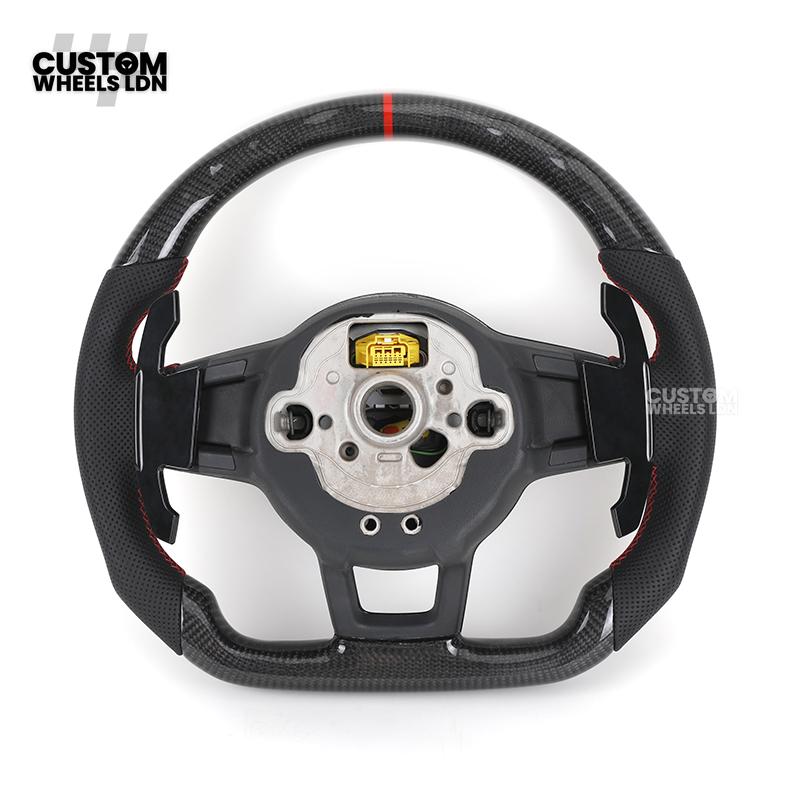 Volkswagen Custom Carbon Steering Wheel – Flat Bottom, Red Centre Stripe, Perforated Leather Grips, Urus Paddles | Fits Golf GTI, R, Scirocco + more | Plug & Play Upgrade