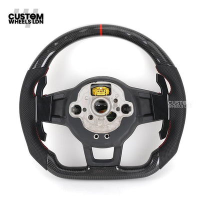 Volkswagen Custom Carbon Steering Wheel – Flat Bottom, Red Centre Stripe, Perforated Leather Grips, Urus Paddles | Fits Golf GTI, R, Scirocco + more | Plug & Play Upgrade