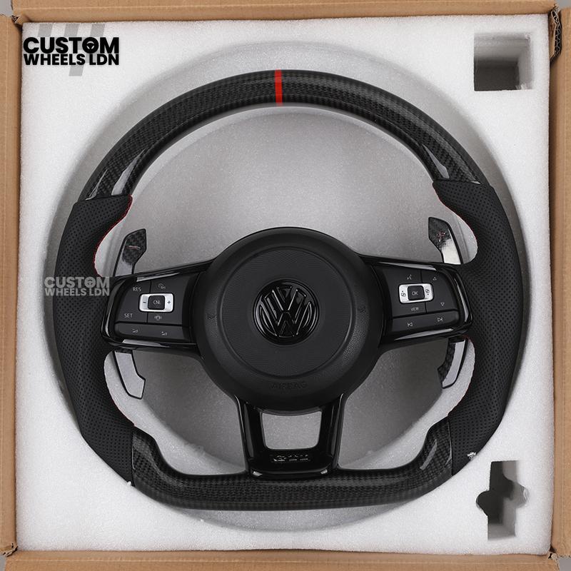 Volkswagen Custom Carbon Steering Wheel – Flat Bottom, Red Centre Stripe, Perforated Leather Grips, Urus Paddles | Fits Golf GTI, R, Scirocco + more | Plug & Play Upgrade