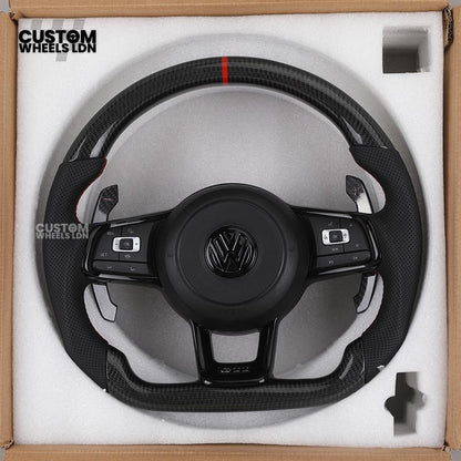 Volkswagen Custom Carbon Steering Wheel – Flat Bottom, Red Centre Stripe, Perforated Leather Grips, Urus Paddles | Fits Golf GTI, R, Scirocco + more | Plug & Play Upgrade