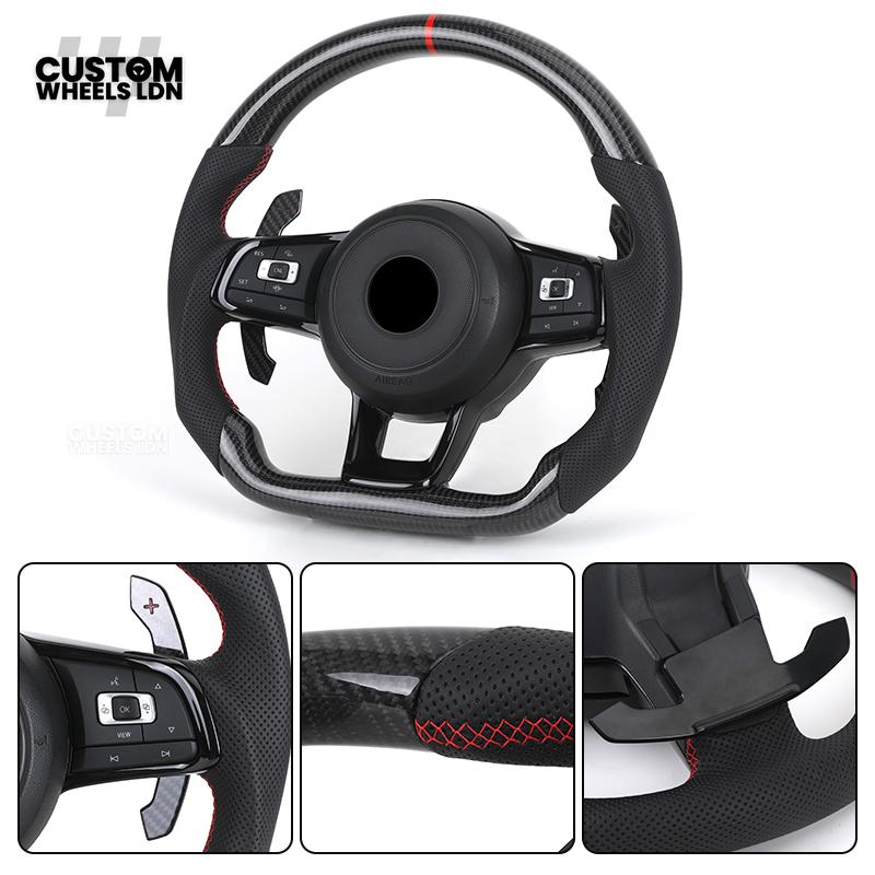 Volkswagen Custom Carbon Steering Wheel – Flat Bottom, Red Centre Stripe, Perforated Leather Grips, Urus Paddles | Fits Golf GTI, R, Scirocco + more | Plug & Play Upgrade