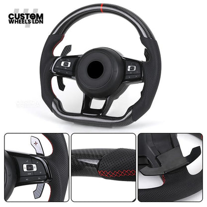 Volkswagen Custom Carbon Steering Wheel – Flat Bottom, Red Centre Stripe, Perforated Leather Grips, Urus Paddles | Fits Golf GTI, R, Scirocco + more | Plug & Play Upgrade