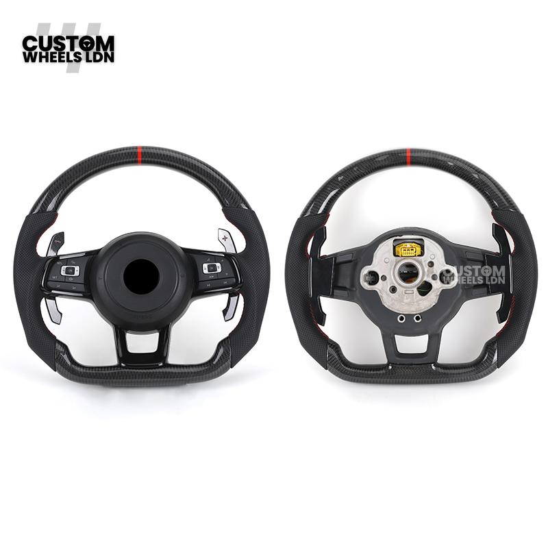 Volkswagen Custom Carbon Steering Wheel – Flat Bottom, Red Centre Stripe, Perforated Leather Grips, Urus Paddles | Fits Golf GTI, R, Scirocco + more | Plug & Play Upgrade