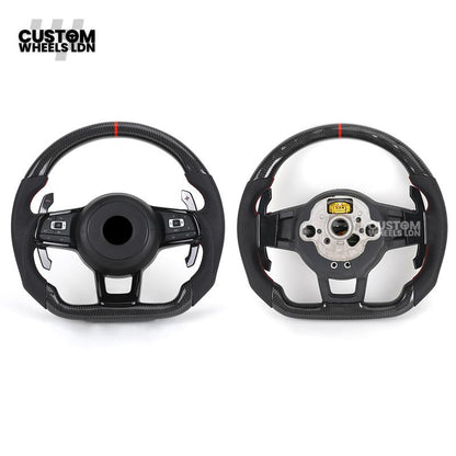 Volkswagen Custom Carbon Steering Wheel – Flat Bottom, Red Centre Stripe, Perforated Leather Grips, Urus Paddles | Fits Golf GTI, R, Scirocco + more | Plug & Play Upgrade