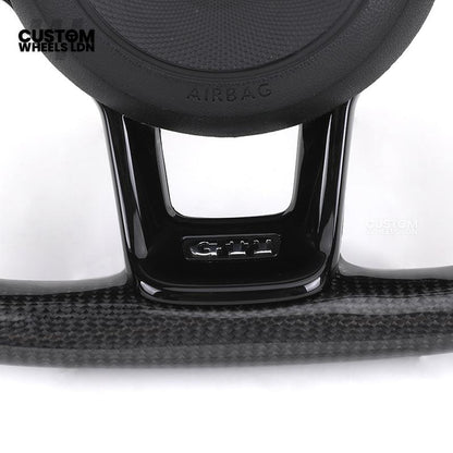 Volkswagen Custom Carbon Steering Wheel – Flat Bottom, Red Centre Stripe, Perforated Leather Grips, Urus Paddles | Fits Golf GTI, R, Scirocco + more | Plug & Play Upgrade
