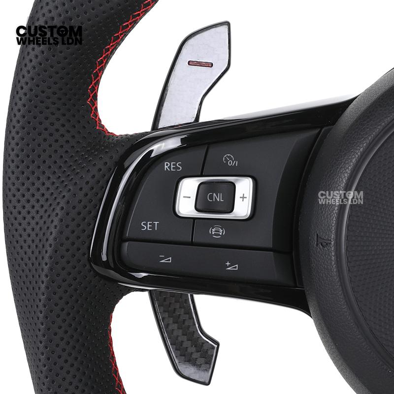 Volkswagen Custom Carbon Steering Wheel – Flat Bottom, Red Centre Stripe, Perforated Leather Grips, Urus Paddles | Fits Golf GTI, R, Scirocco + more | Plug & Play Upgrade