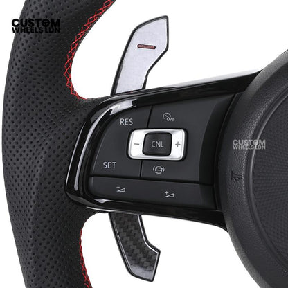 Volkswagen Custom Carbon Steering Wheel – Flat Bottom, Red Centre Stripe, Perforated Leather Grips, Urus Paddles | Fits Golf GTI, R, Scirocco + more | Plug & Play Upgrade