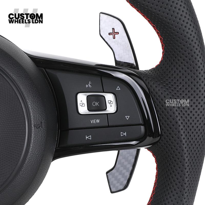 Volkswagen Custom Carbon Steering Wheel – Flat Bottom, Red Centre Stripe, Perforated Leather Grips, Urus Paddles | Fits Golf GTI, R, Scirocco + more | Plug & Play Upgrade