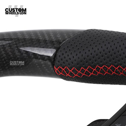 Volkswagen Custom Carbon Steering Wheel – Flat Bottom, Red Centre Stripe, Perforated Leather Grips, Urus Paddles | Fits Golf GTI, R, Scirocco + more | Plug & Play Upgrade