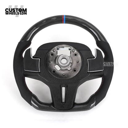 BMW Custom G Series Carbon Steering Wheel – Flat Bottom – Brushed Silver Trim – Fits G20 G21 G22 G23 G30 G31 G32 G14 G15 G16 G01 G02 + more