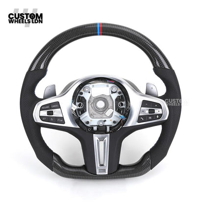 BMW Custom G Series Carbon Steering Wheel – Flat Bottom – Brushed Silver Trim – Fits G20 G21 G22 G23 G30 G31 G32 G14 G15 G16 G01 G02 + more