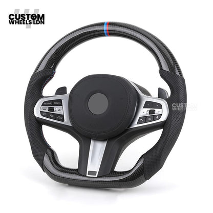 BMW Custom G Series Carbon Steering Wheel – Flat Bottom – Brushed Silver Trim – Fits G20 G21 G22 G23 G30 G31 G32 G14 G15 G16 G01 G02 + more