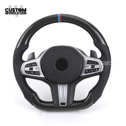 BMW Custom G Series Carbon Steering Wheel – Flat Bottom – Brushed Silver Trim – Fits G20 G21 G22 G23 G30 G31 G32 G14 G15 G16 G01 G02 + more