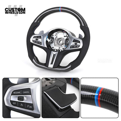 BMW Custom G Series Carbon Steering Wheel – Flat Bottom – Brushed Silver Trim – Fits G20 G21 G22 G23 G30 G31 G32 G14 G15 G16 G01 G02 + more