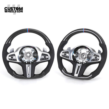 BMW Custom G Series Carbon Steering Wheel – Flat Bottom – Brushed Silver Trim – Fits G20 G21 G22 G23 G30 G31 G32 G14 G15 G16 G01 G02 + more