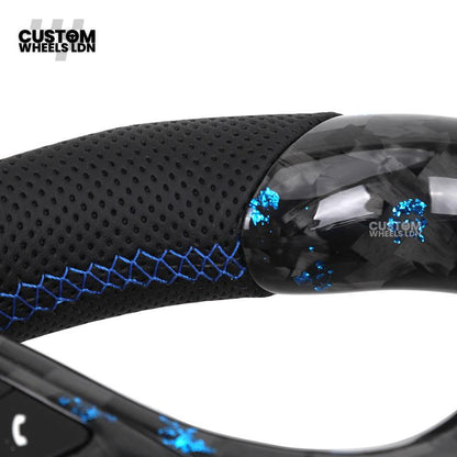 BMW Custom G-Series Steering Wheel – Blue Forged Carbon, LED Display, Flat Bottom, Blue Paddles – Fits G20 G21 G22 G30 G15 G05 G07 + more