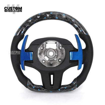 BMW Custom G-Series Steering Wheel – Blue Forged Carbon, LED Display, Flat Bottom, Blue Paddles – Fits G20 G21 G22 G30 G15 G05 G07 + more