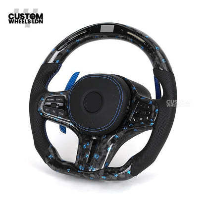 BMW Custom G-Series Steering Wheel – Blue Forged Carbon, LED Display, Flat Bottom, Blue Paddles – Fits G20 G21 G22 G30 G15 G05 G07 + more