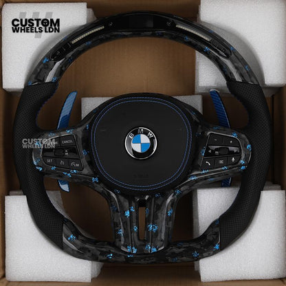 BMW Custom G-Series Steering Wheel – Blue Forged Carbon, LED Display, Flat Bottom, Blue Paddles – Fits G20 G21 G22 G30 G15 G05 G07 + more