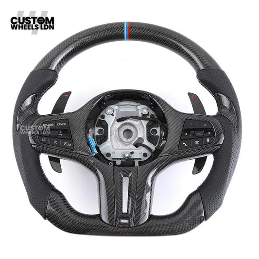 BMW G-Series Custom Carbon Flat Bottom Steering Wheel – Gloss Carbon Fiber with Paddle Shifters – Fits G20 G21 G22 G23 G30 G31 G11 G12 G14 G15 G16 G05 G06 G07 + more