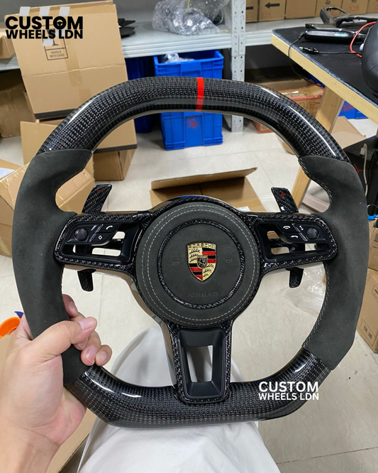 Porsche Custom Steering Wheel | Flat Top & Bottom | Carbon Fibre + Alcantara + Red Stripe  | Plug & Play